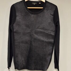 Ted Baker Black Leather Sweater Mixed Media Leather Front Wool Pullover Women M